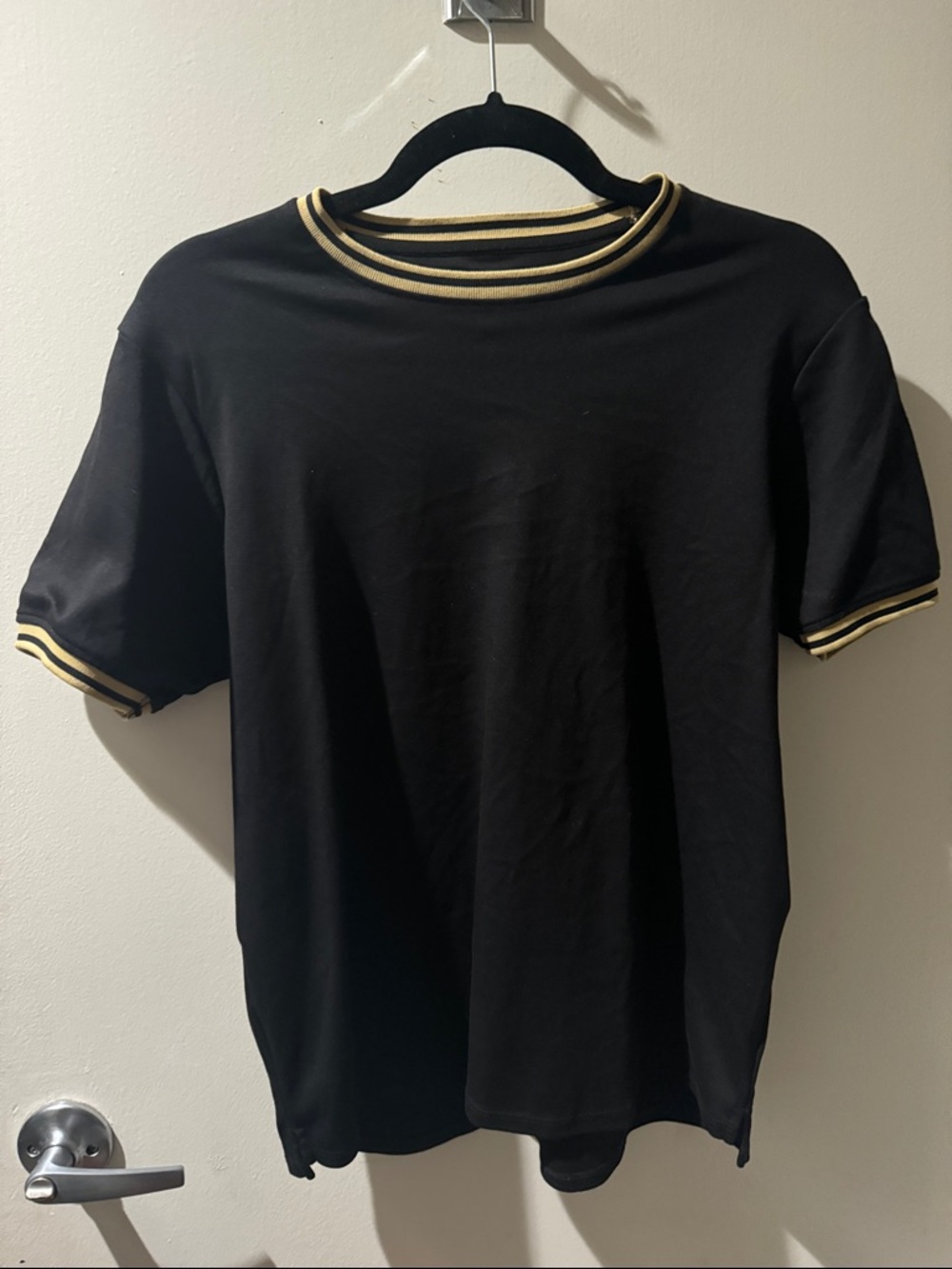 Novel Women’s Black Short-Sleeve Tee with Gold-Trim Crewneck
